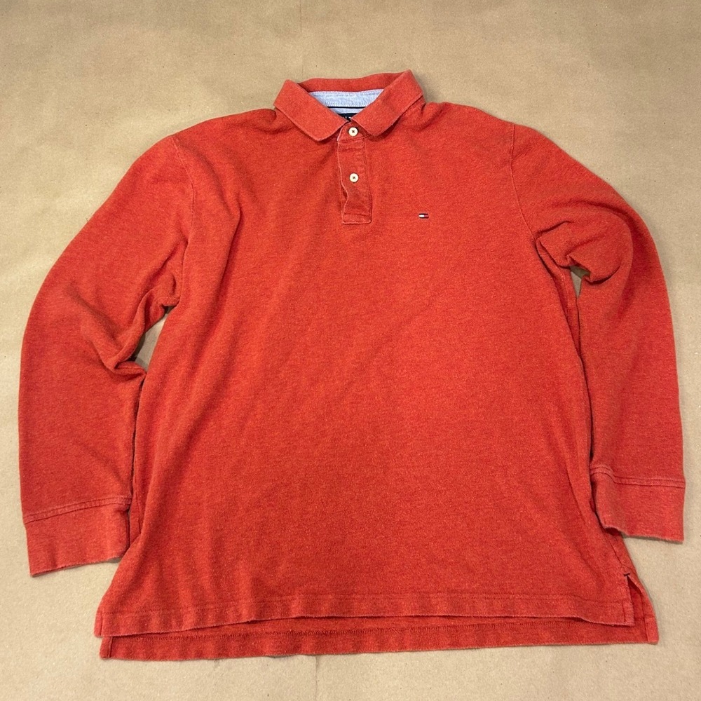 Tommy Hilfiger Red Orange Long Sleeve Polo Shirt Mens XL